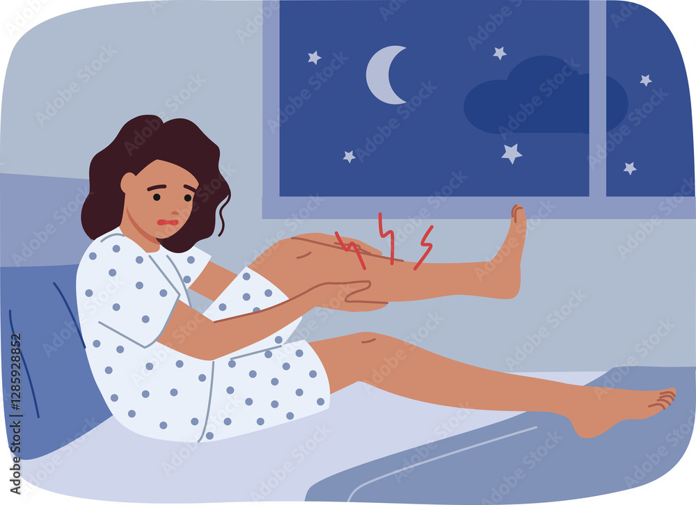 Sharp cramp woke up woman, clutching at leg lying in bed, experiencing stabbing pain prevented from sleeping. Problem of night cramps worries teenage girl lying near window overlooking starry sky.