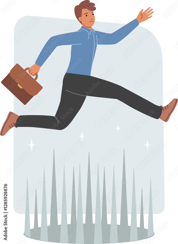 Challenge for business man jumping over dangerous obstacle on path to success and career growth. Man manager over trap with sharp spikes, symbolizing challenge for professional from corporate company