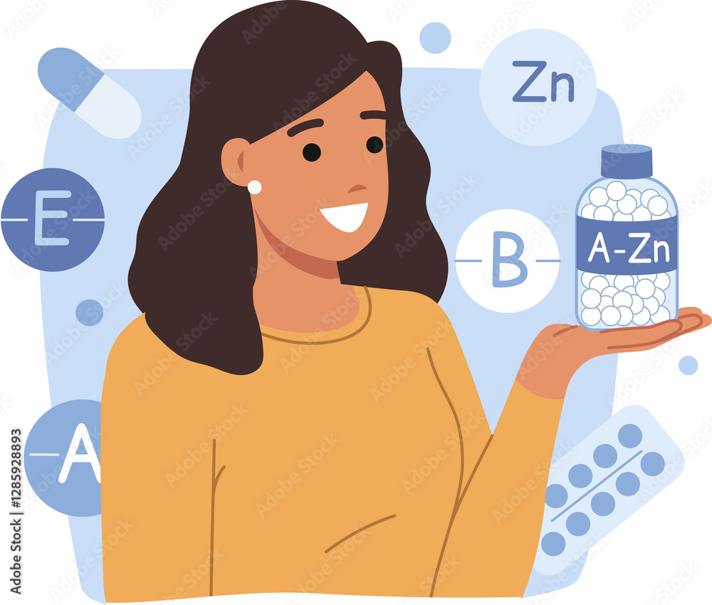 Girl takes vitamins from A to Zn to improve immunity and avoid viral diseases, negatively affect health. Positive woman recommends using dietary supplements and vitamins to prevent infection