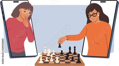 Obraz na płótnie Two women play chess through mobile application on smartphones to practice strategic thinking. Online chess game for young girls demonstrating high intelligence in online tournament w salonie