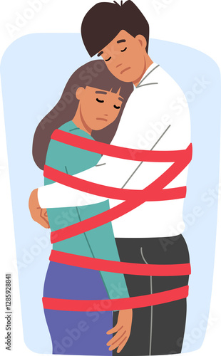 Obraz na płótnie Toxic relationship between man and woman tied with rope and feeling restricted or depressed. Problem of control in toxic relationship among lovers who need help of family therapist to avoid divorce w salonie