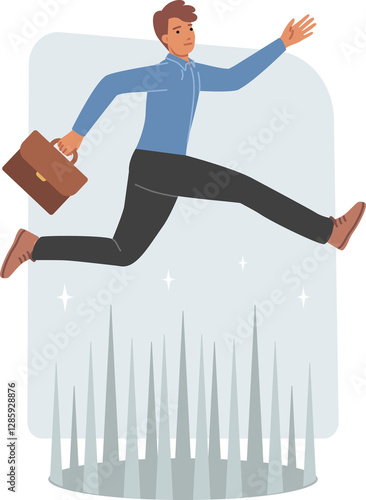 Obraz na płótnie Challenge for business man jumping over dangerous obstacle on path to success and career growth. Man manager over trap with sharp spikes, symbolizing challenge for professional from corporate company w salonie