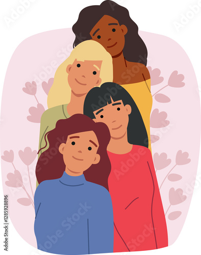 Obraz na płótnie Multinational women stand together among spring flowers and congratulate you on international women day. Group of girls from feminist community advocating for equality and non-discrimination w salonie