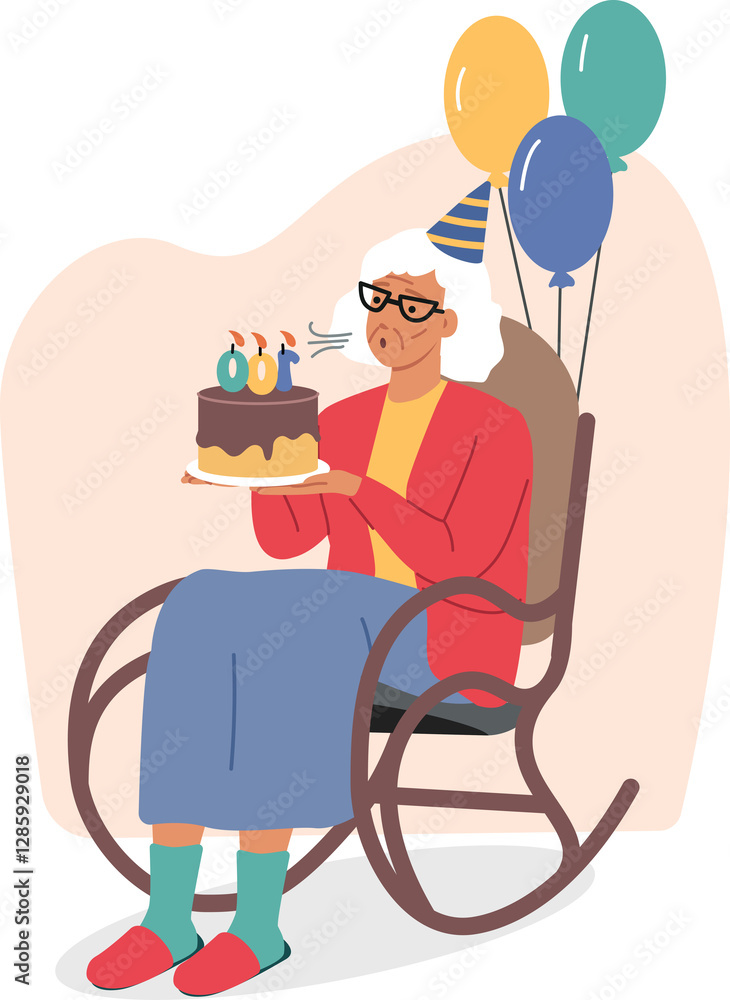 Elderly woman celebrates centenary and blows out candles on birthday cake, sits in rocking chair with balloons. Centenary for residents of nursing home or hospice for people without relatives