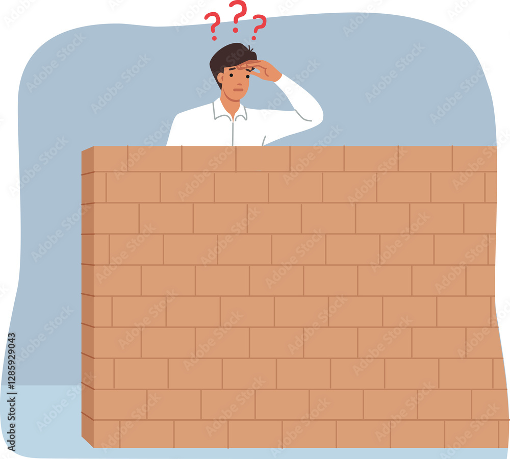 Business man looks behind stone barrier in search of new opportunities for career growth. Curious guy stands near barrier and wonders how to overcome problems that have arisen on path to success.
