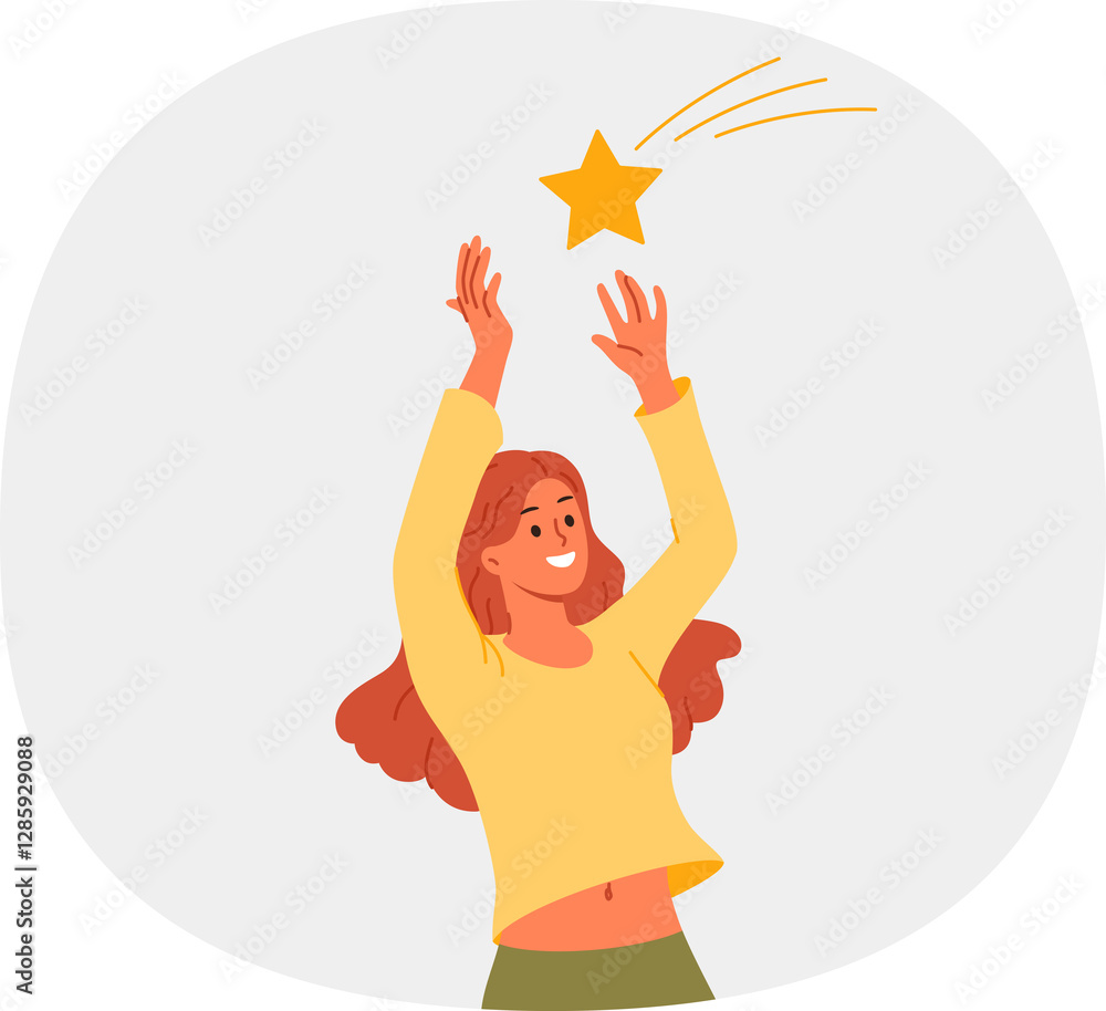 Woman catches star falling from sky and makes wish to become rich or get married. Superstitious girl watches falling stars with smile and reaches out to star in hope of good luck and fortune.