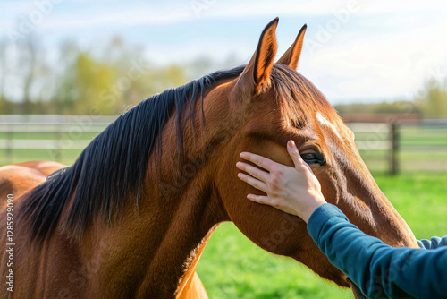 horse receiving therapeutic massage, outdoor setting photo