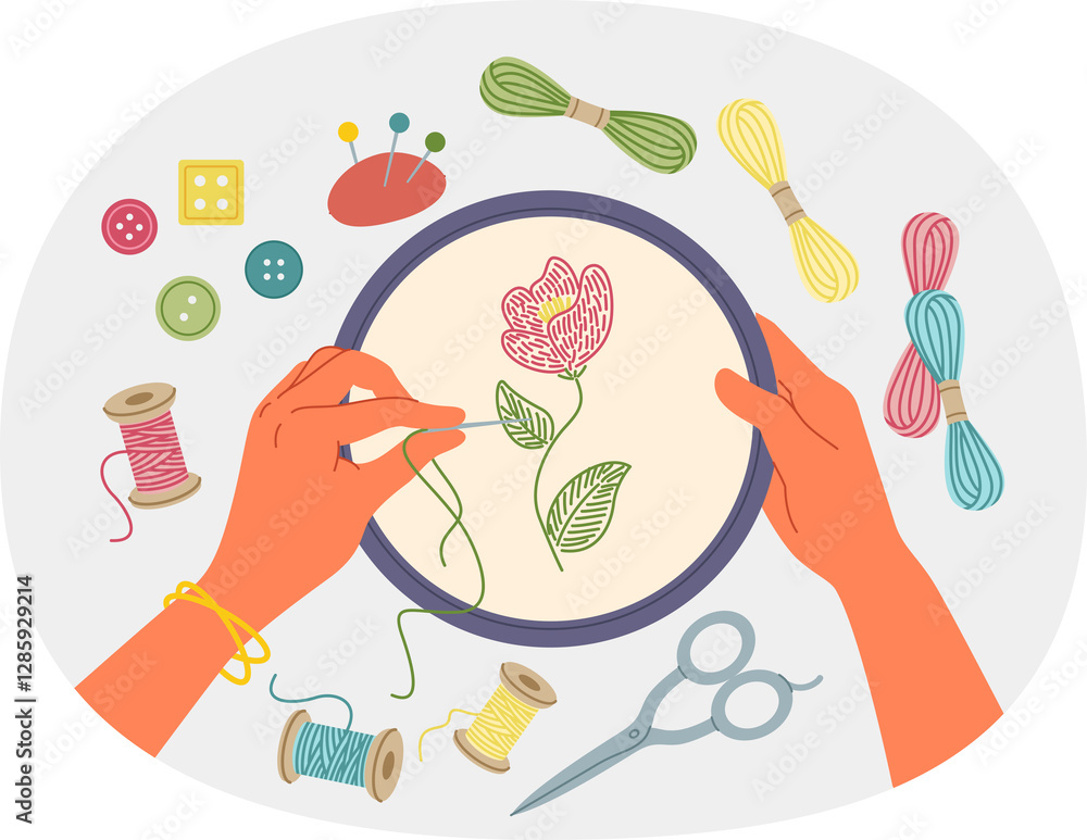 Hand embroidery and creative needlework using stretched canvas and needles with multi-colored threads. Woman embroiders wildflower while being keen on needlework and producing handmade goods