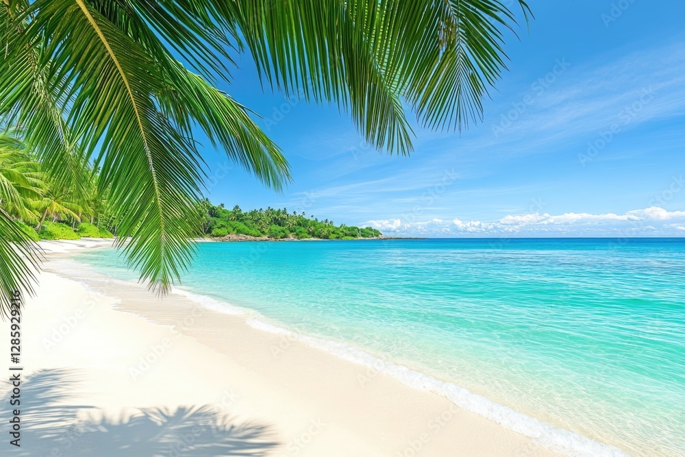 Coastal landscape with sandy beach and palm tree in front of blue ocean Coastal landscape with sandy beach and palm tree in front of blue ocean