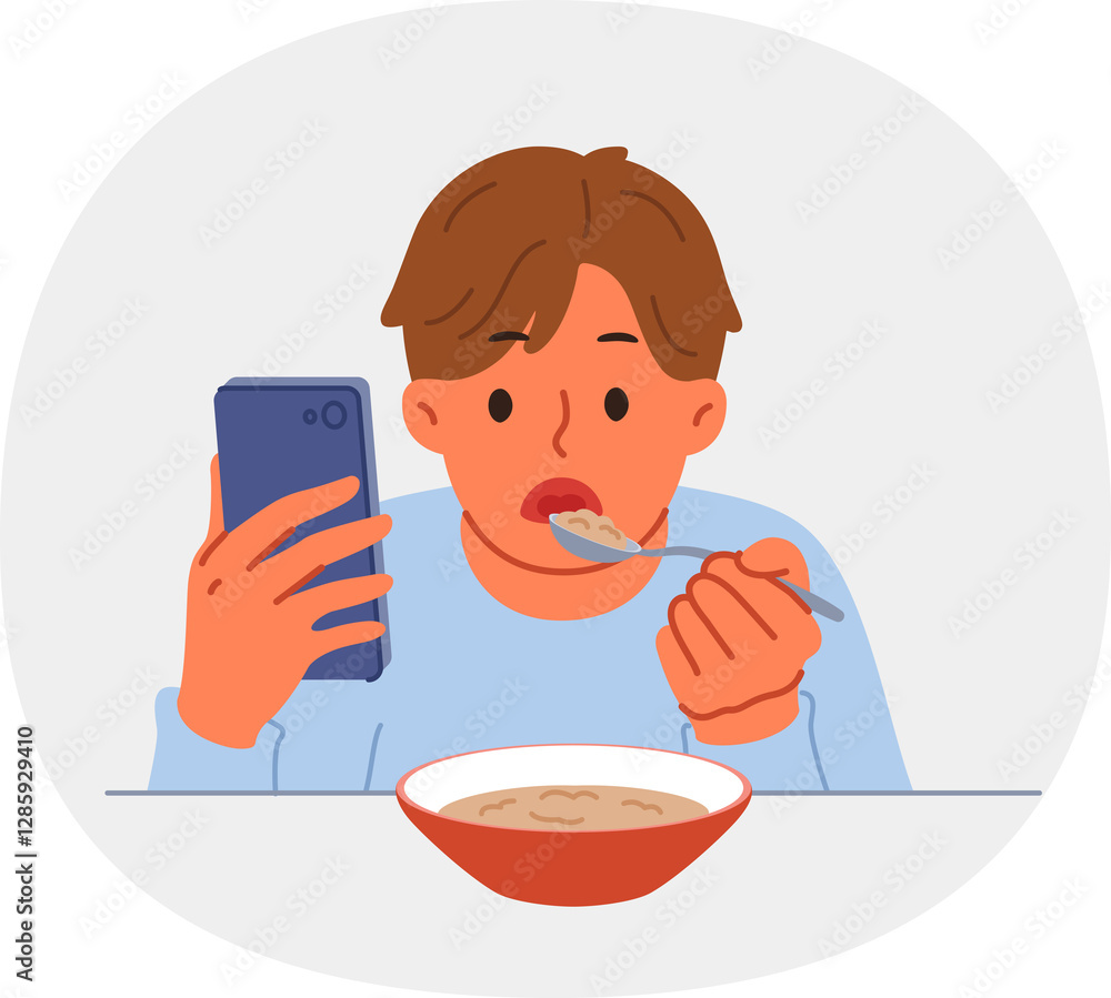 Boy suffering from digital addiction eats and watches video on mobile phone at same time. Schoolboy needs help of psychologist to combat addiction to phone and use of social networks