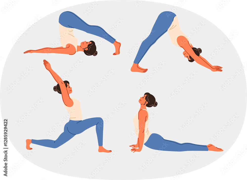 Woman fitness trainer takes different positions from pilates and gymnastics to develop flexibility. Girl fitness instructor teaches sports to maintain beautiful figure and improve health.