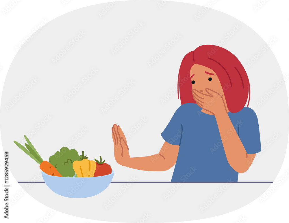Teenage girl feels disgusted by fresh vegetables and does not want to eat plant ingredients. Young woman stands near table with vegetables in plate and experiences nausea or lack of appetite.