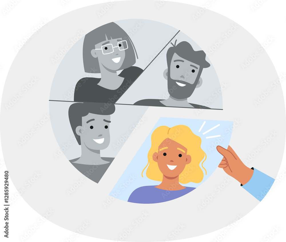 Team building to achieve synergy is done by hand of recruiter collecting diagram of people. Process of team building and selection of ideal candidate to complement corporation personnel