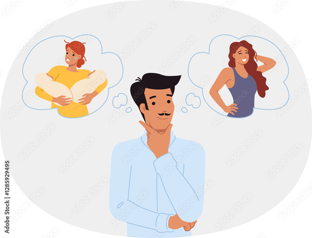 Love triangle between man cheating on disappointed wife with babies in arms, with young lover. Love triangle among guy and two girls symbolizes lack of moral guidelines in society.