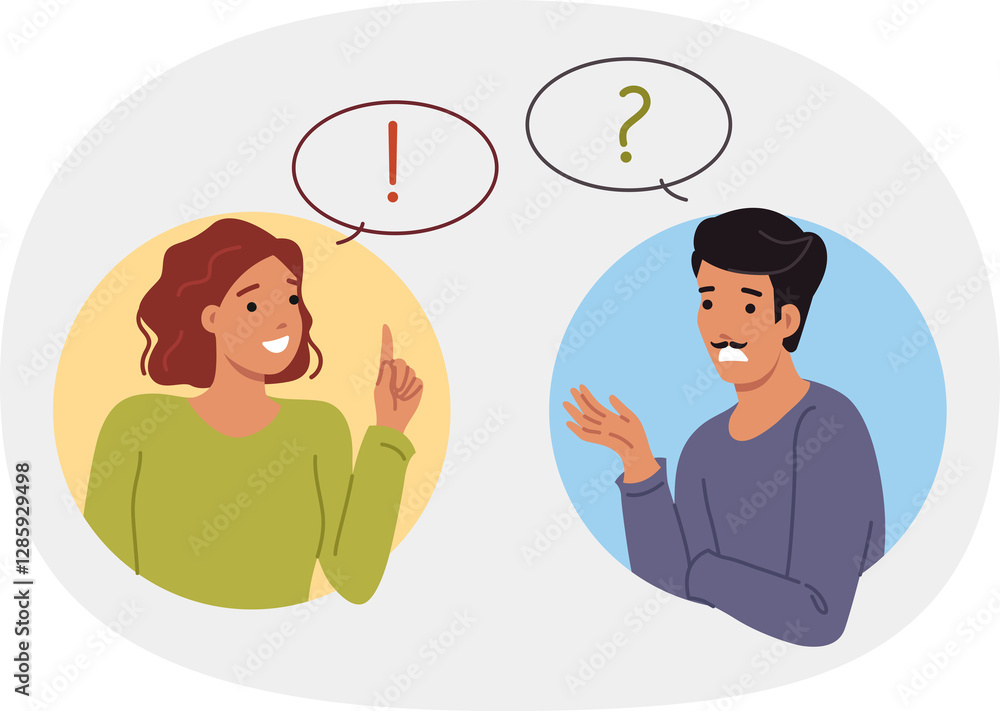 Conversation man and woman discussing important question together to find correct answer and solve problem. Girl with smile advises guy during conversation, wanting to help friend cope with failures