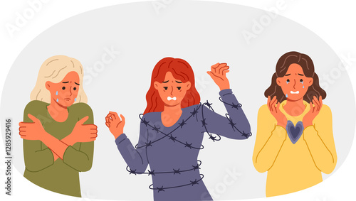 Obraz na płótnie Depressed women feel pain and despair due to mental problems, shed tears and suffer because of barbed wire. Girls victims of domestic violence and discrimination need help to heal from despair w salonie