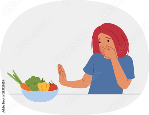 Obraz na płótnie Teenage girl feels disgusted by fresh vegetables and does not want to eat plant ingredients. Young woman stands near table with vegetables in plate and experiences nausea or lack of appetite. w salonie
