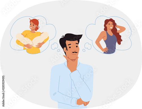 Obraz na płótnie Love triangle between man cheating on disappointed wife with babies in arms, with young lover. Love triangle among guy and two girls symbolizes lack of moral guidelines in society. w salonie