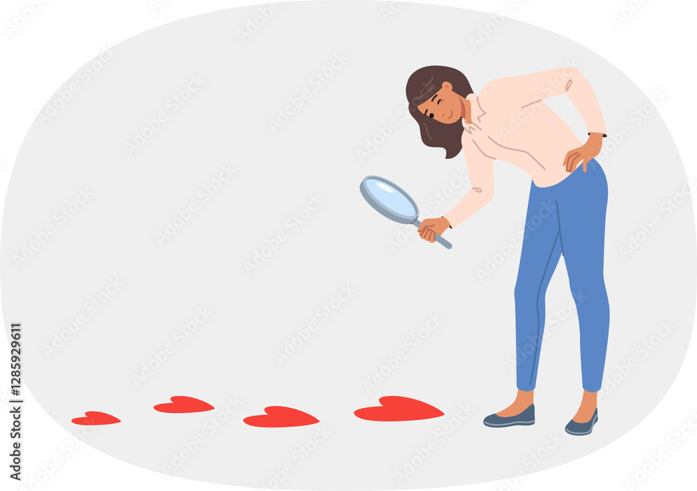 Woman searching for boyfriend and follows trail of hearts on ground, holding magnifying glass in hands. Lady in search of romantic relationship and genuine love and passion to create strong family