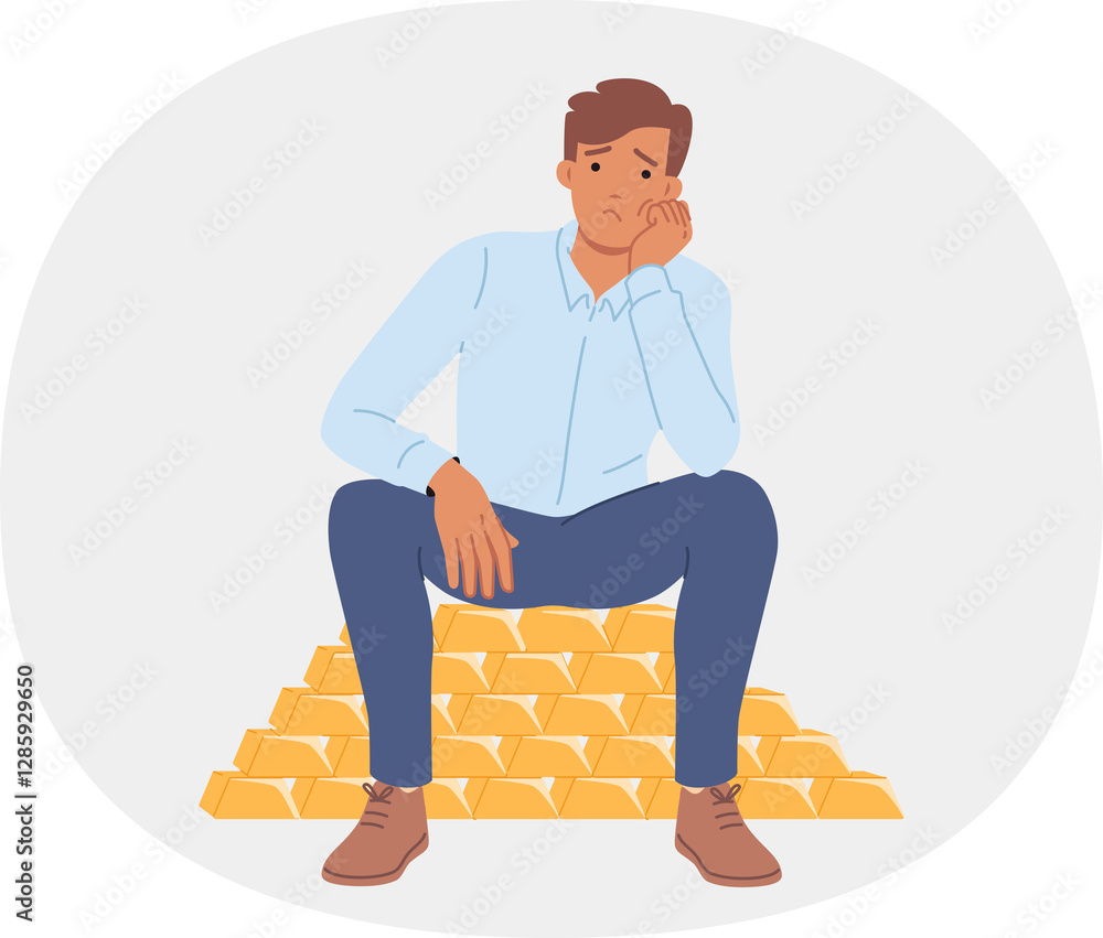 Rich man sits on gold bars and is sad due to lack of knowledge where to invest money. Investor guy keeps capital in real gold and is upset after fall in prices for precious metals.