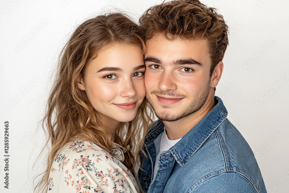 A couple hugging each other on a white background A couple hugging each other on a white background