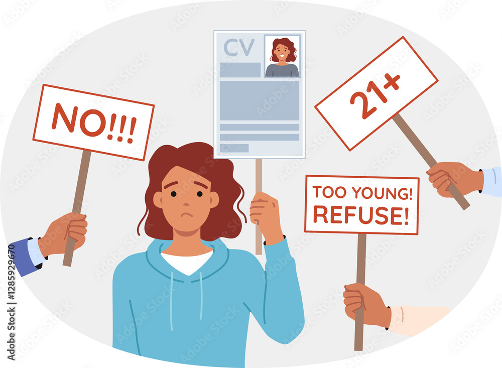 Age discrimination prevents young woman with CV from getting job, standing among hands with ageism posters. Problem of ageism in society violates rights of graduates without real career experience