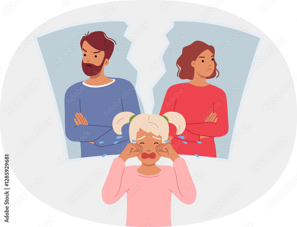 Family dispute destroys psyche of child crying standing near torn portrait of parents. Little girl cries after learning about family dispute and divorce of mother and father after domestic discord