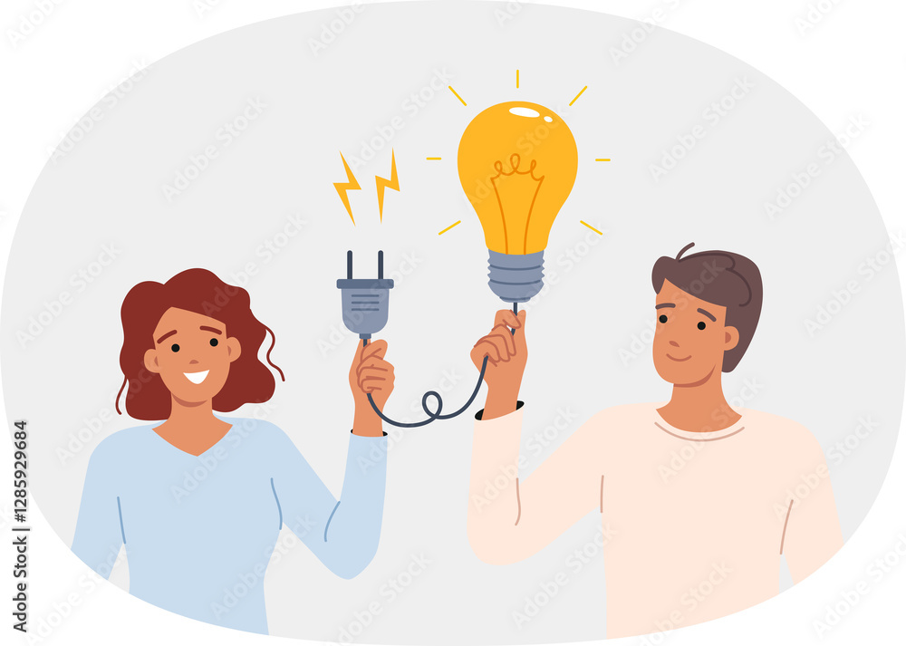 Synergy to find brilliant idea for man and woman holding giant light bulb with socket in hands. Synergy effect appeared due to collaboration of two office employees who developed startup