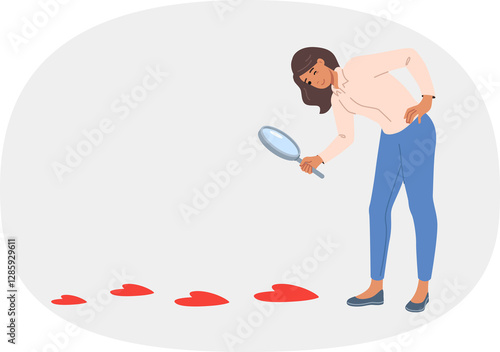 Obraz na płótnie Woman searching for boyfriend and follows trail of hearts on ground, holding magnifying glass in hands. Lady in search of romantic relationship and genuine love and passion to create strong family w salonie
