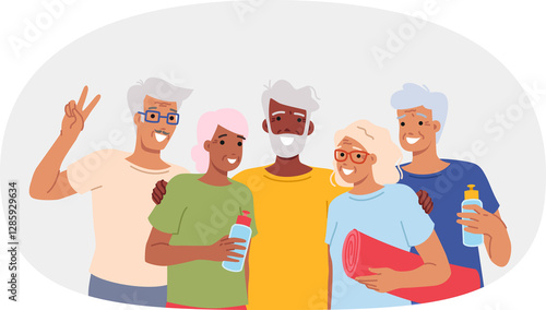 Elderly people with sports equipment for fitness or running and yoga outdoors, posing for group portrait. Active retirees go in for sports after retirement to maintain health and well-being