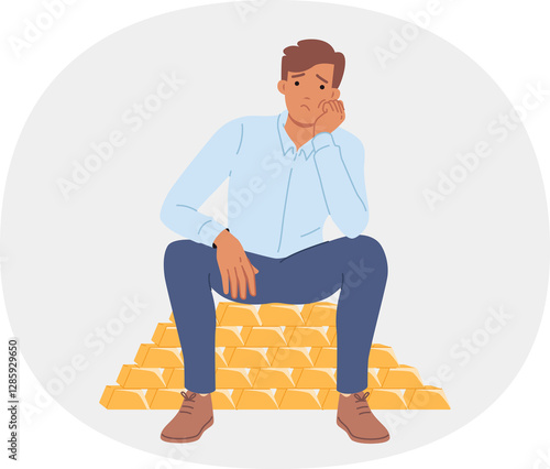 Obraz na płótnie Rich man sits on gold bars and is sad due to lack of knowledge where to invest money. Investor guy keeps capital in real gold and is upset after fall in prices for precious metals. w salonie