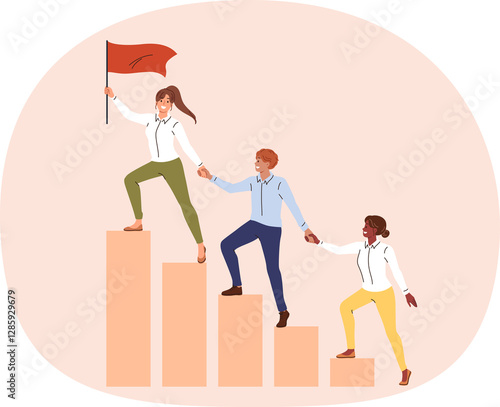Teamwork company employees climbing up on schedule to hoist flag to top and achieve superiority over competitors. Woman leader organizes teamwork with colleagues to get outstanding results in business