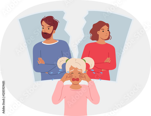 Obraz na płótnie Family dispute destroys psyche of child crying standing near torn portrait of parents. Little girl cries after learning about family dispute and divorce of mother and father after domestic discord w salonie