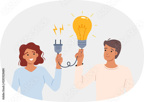 Obraz na płótnie Synergy to find brilliant idea for man and woman holding giant light bulb with socket in hands. Synergy effect appeared due to collaboration of two office employees who developed startup w salonie