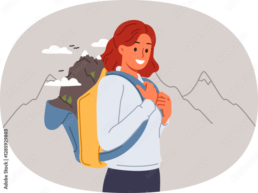 Woman goes hiking in mountains, posing in outdoor clothing with backpack for personal belongings. Girl loves hiking and traveling through national parks looks at screen with smile.