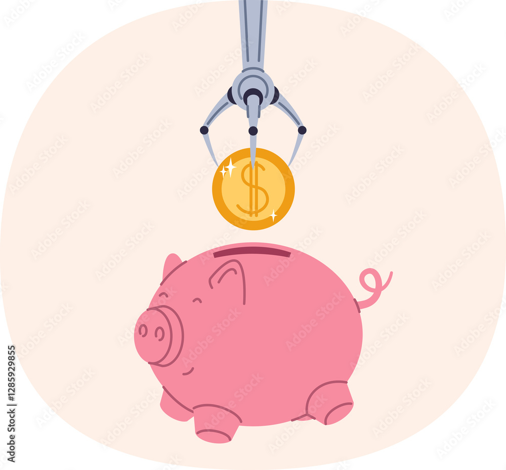 Receiving passive income thanks to hand of robot throwing coin into piggy bank, developing financial technologies. Income and dividends from investments in technology companies and fintech startups