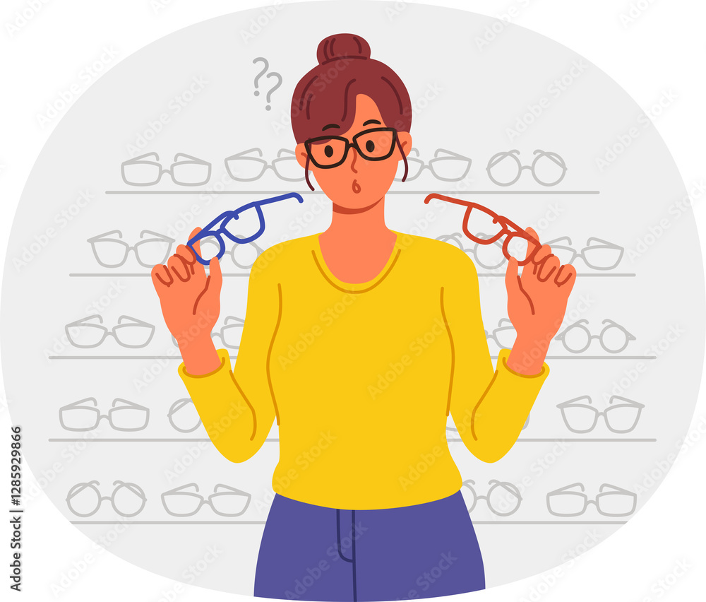 Woman buys glasses in store with large assortment of lenses and frames and chooses one of two options. Girl stands near display case with glasses in ophthalmic shop, allowing to solve vision problems.