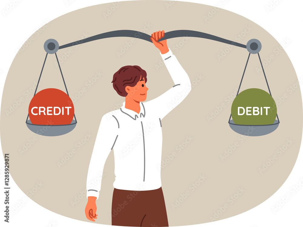 Man accountant compares debits and credits using giant scale to balance commercial company. Auditor guy demonstrates skills in analyzing commercial indicators to find profitable place for investment