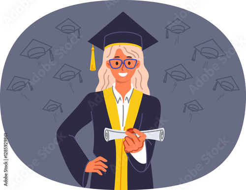 Obraz na płótnie Woman university graduate holds certificate of higher education, allowing to build good career. Girl in graduate hat and gown looks at screen with smile, showing off bachelor degree w salonie