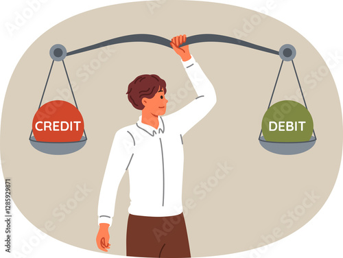 Obraz na płótnie Man accountant compares debits and credits using giant scale to balance commercial company. Auditor guy demonstrates skills in analyzing commercial indicators to find profitable place for investment w salonie