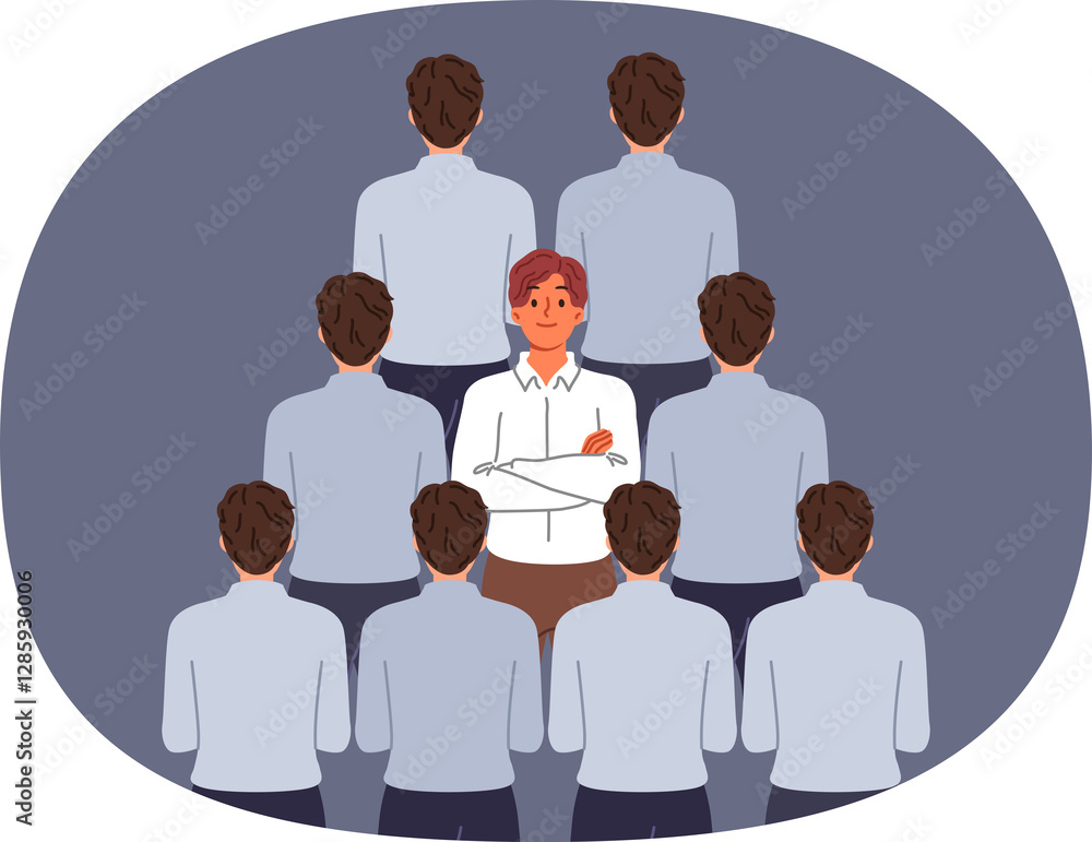 Man stands out from crowd of business colleagues due to individuality or better professional skills. Guy office clerk demonstrates individuality and readiness for non-trivial problem solving