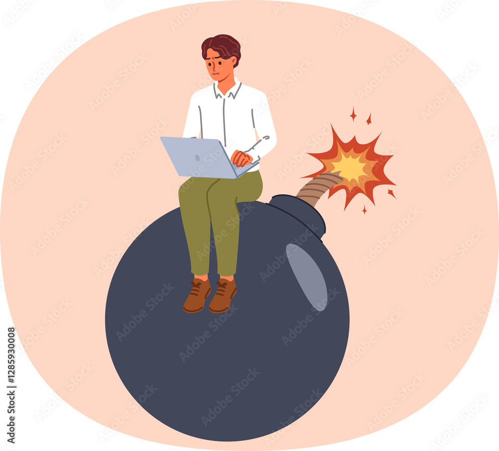 Business man is in danger due to investment in risky project, sitting on large bomb with laptop on lap. Freelancer guy in danger due to missed deadlines or lack of professional skills