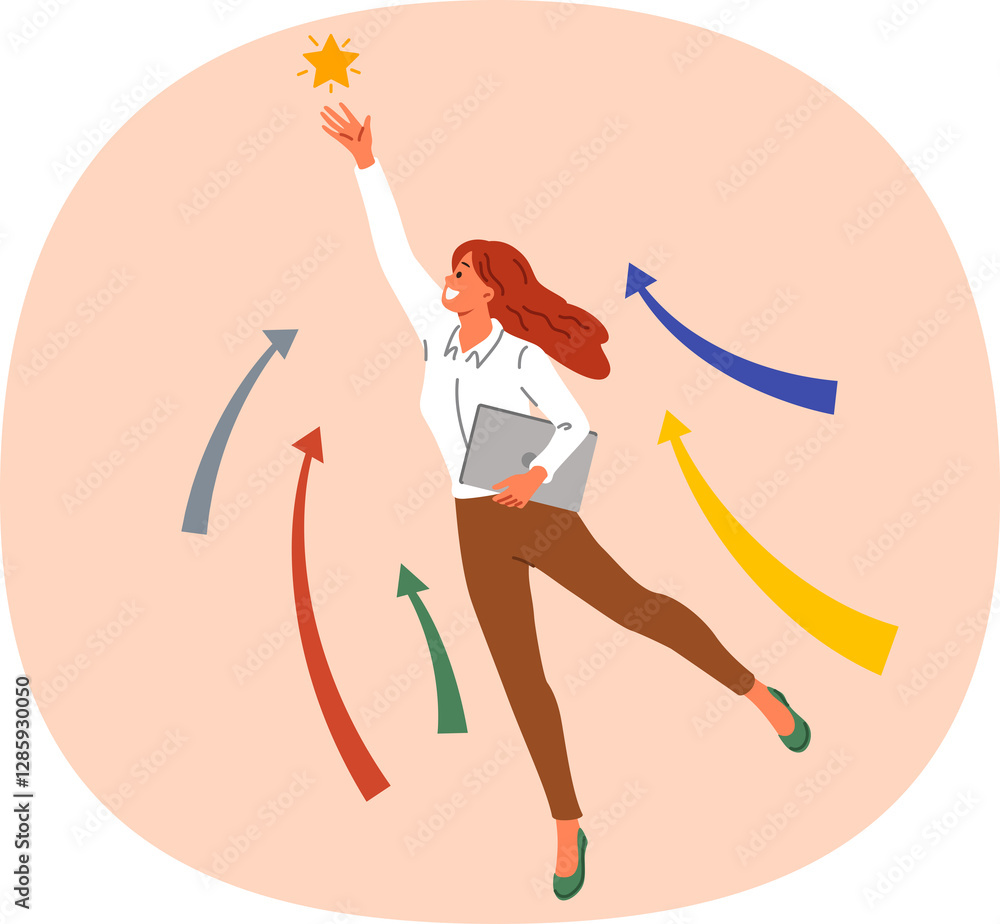 Ambitious woman strives for business progress, grabbing star from sky and reaching new level in career. Successful girl makes progress in job thanks to hard work and lack of laziness.