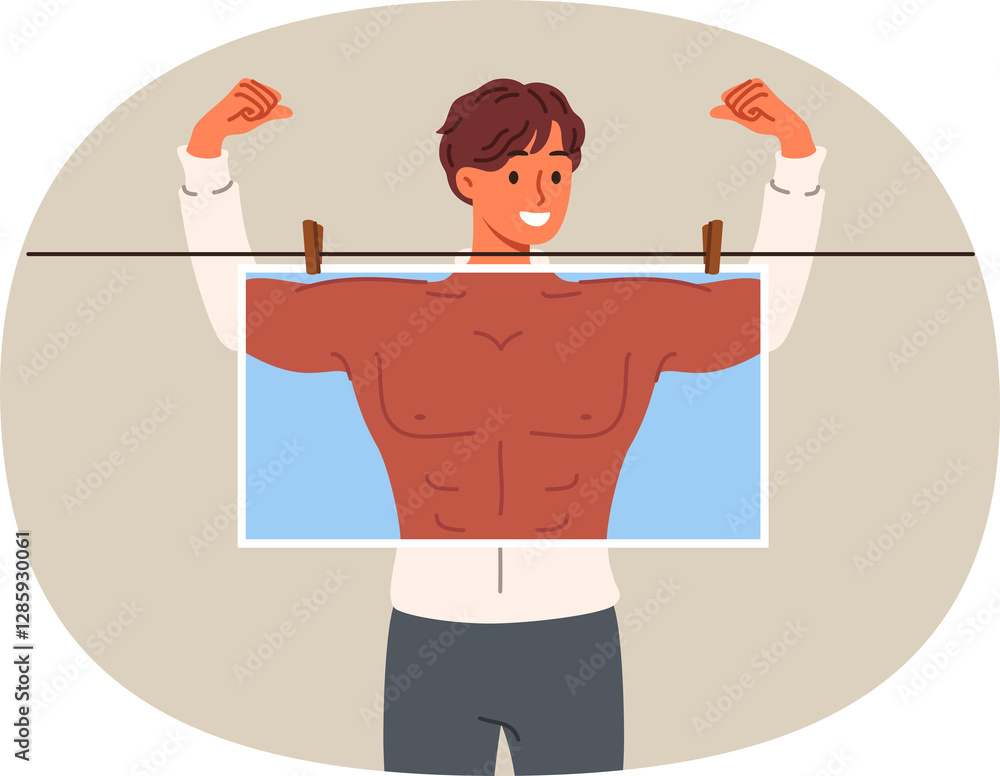 Man bodybuilder dreams of pumped up muscles and ripped abs with biceps, hiding behind photo with fake body. Bodybuilder guy visualizes result of sports training and exercise in fitness club