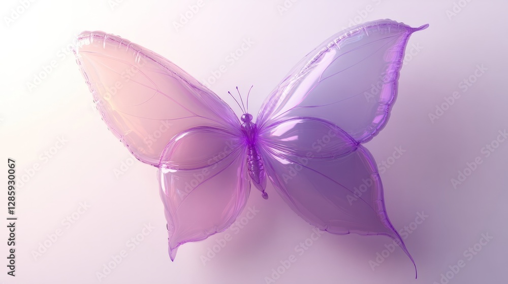 A 3D-rendered balloon shaped like a butterfly, translucent lavender, against a white background with soft lighting A 3D-rendered balloon shaped like a butterfly, translucent lavender, against a white background with soft lighting