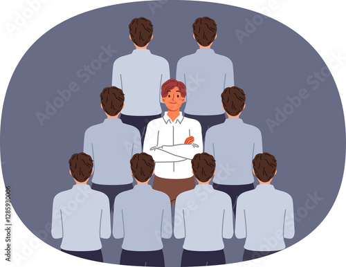Obraz na płótnie Man stands out from crowd of business colleagues due to individuality or better professional skills. Guy office clerk demonstrates individuality and readiness for non-trivial problem solving w salonie