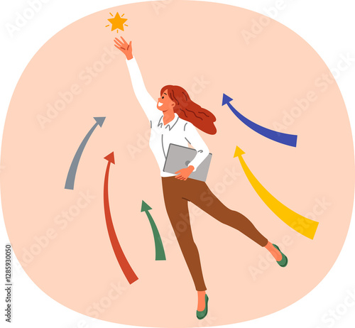 Obraz na płótnie Ambitious woman strives for business progress, grabbing star from sky and reaching new level in career. Successful girl makes progress in job thanks to hard work and lack of laziness. w salonie