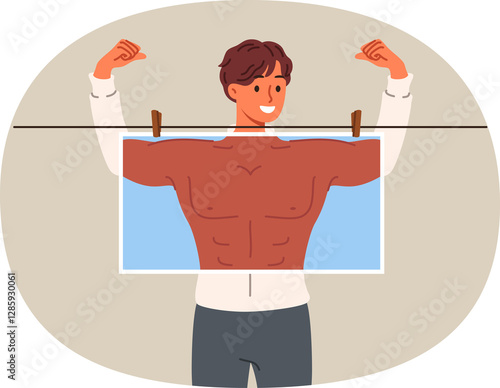 Obraz na płótnie Man bodybuilder dreams of pumped up muscles and ripped abs with biceps, hiding behind photo with fake body. Bodybuilder guy visualizes result of sports training and exercise in fitness club w salonie