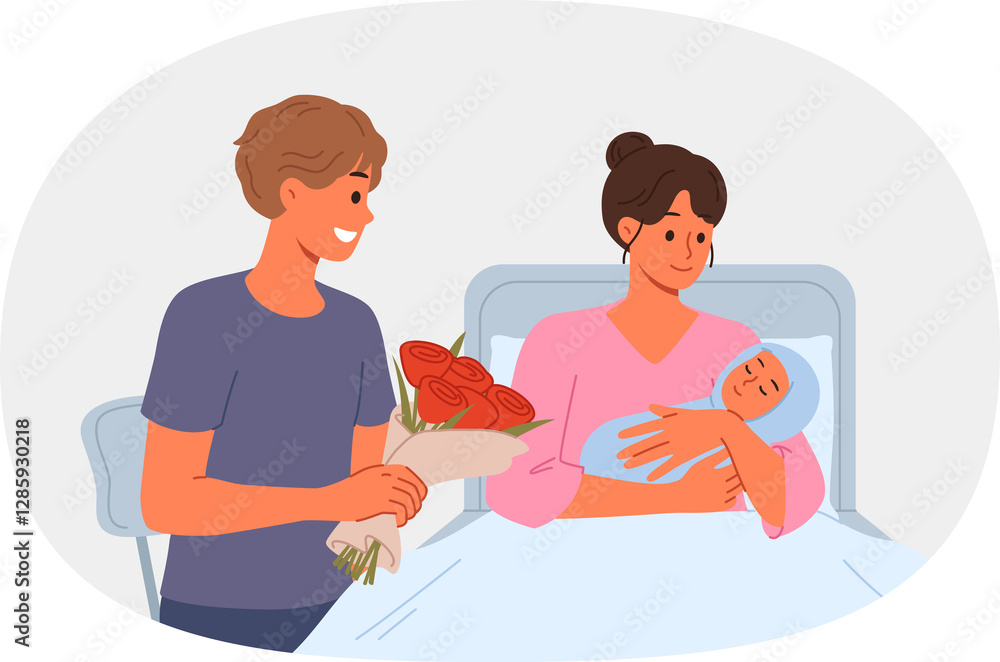 Woman given birth lies in hospital bed, showing baby to happy father with flowers. Girl who has given birth and happy man rejoicing at nascency of son or daughter after long pregnancy