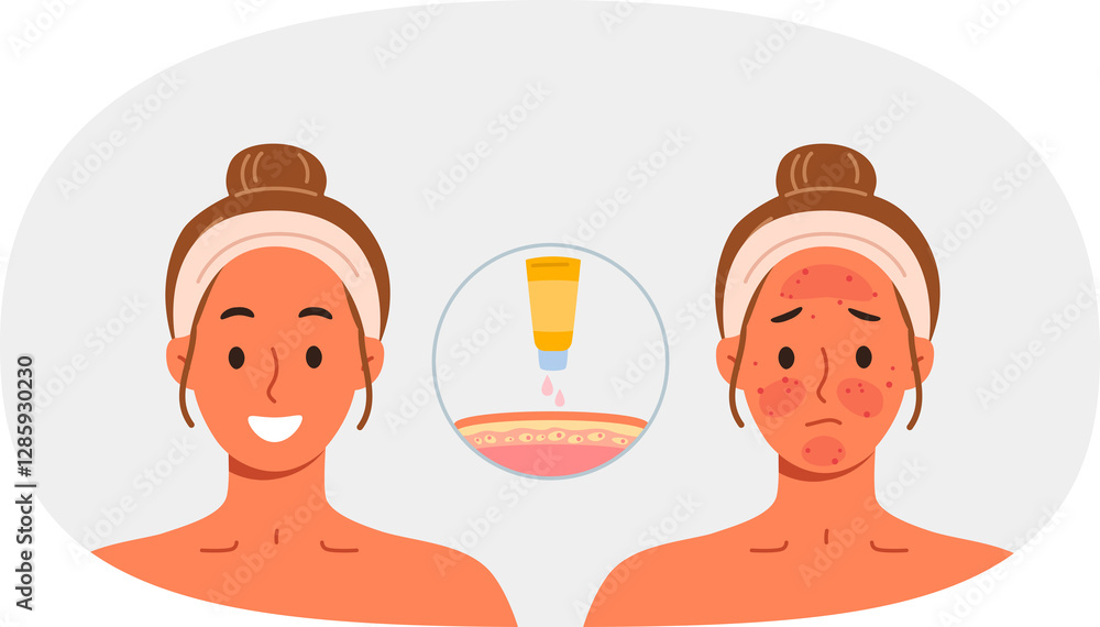 Sunscreen that protects skin from burns and solar radiation, next to girls demonstrating results before and after. Sunscreen for solarium visitors or tourists vacationing in tropical countries